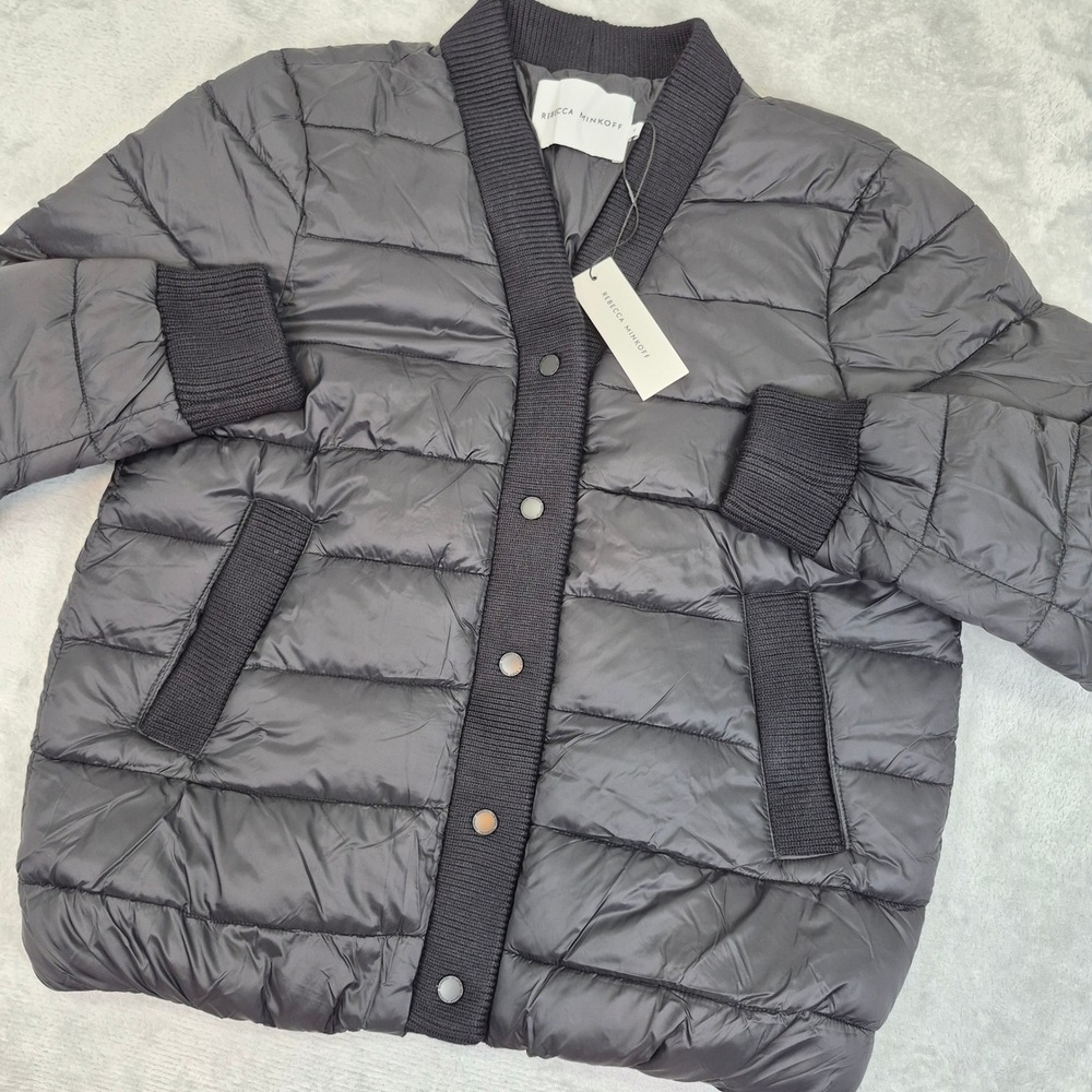 Rebecca Minkoff Black Lightweight Quilted Puffer Jacket Snap Ribbed Trim M NWT